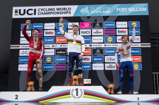 Andreas Kolb, Charlie Hatton, Laurie Greenland celebrate at UCI DH World Championships in Fort William, Scotland on August 05, 2023 Andreas Kolb, Charlie Hatton, Laurie Greenland celebrate at UCI DH World Championships in Fort William, Scotland on August 05, 2023