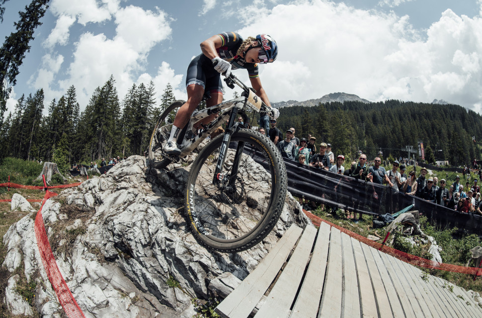 Evie Richards performs at UCI XCO World Cup in Lenzerheide, Switzerland on June 11, 2023 World Bicycle Relief gives fans opportunity to win World Championship pro bikes