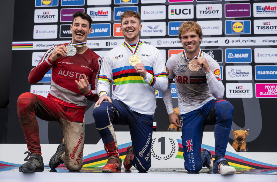 Andreas Kolb, Charlie Hatton, Laurie Greenland on podium The Charlie Hatton interview – the new King of Downhill