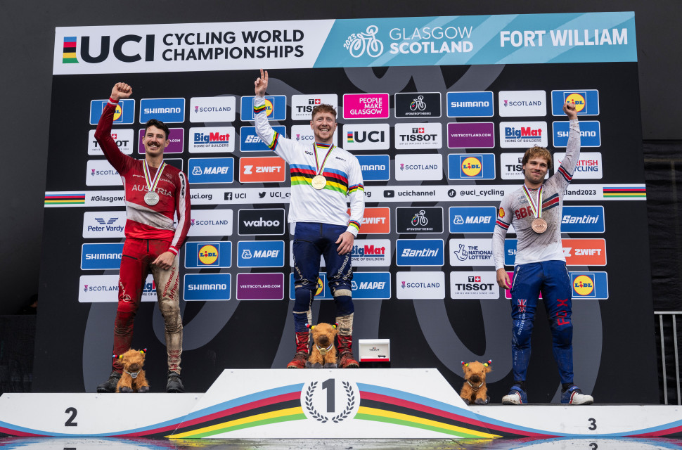 Andreas Kolb, Charlie Hatton, Laurie Greenland celebrate at UCI DH World Championships in Fort William, Scotland on August 05, 2023 Recap: 2023 UCI Downhill MTB World Championships - a brilliantly British win