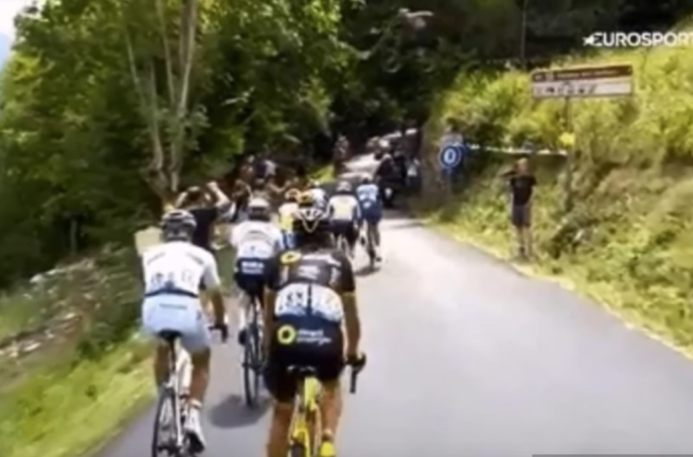Rider jumps over tour de france Mountain biker jumps over Tour de France peloton in the first stage yesterday